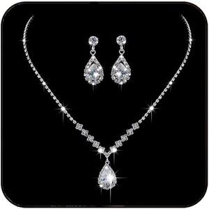 Silver Bridal Jewelry Set for Women Crystal Necklace Earrings Choker Set